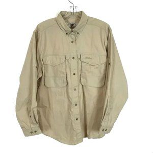 Womens Size Large LL Bean Beige Fly Fishing Button Front Tactical Shirt Top